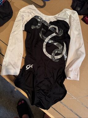 GK Black and White Kids Long Sleeve Leotard with Silver Swirl